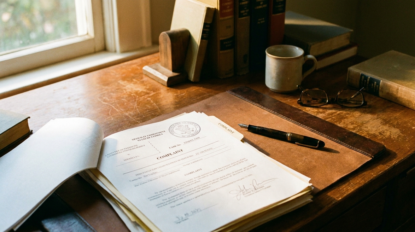 Document de plainte posé sur un bureau en bois