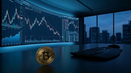 Pièce de bitcoin dorée devant un écran de trading