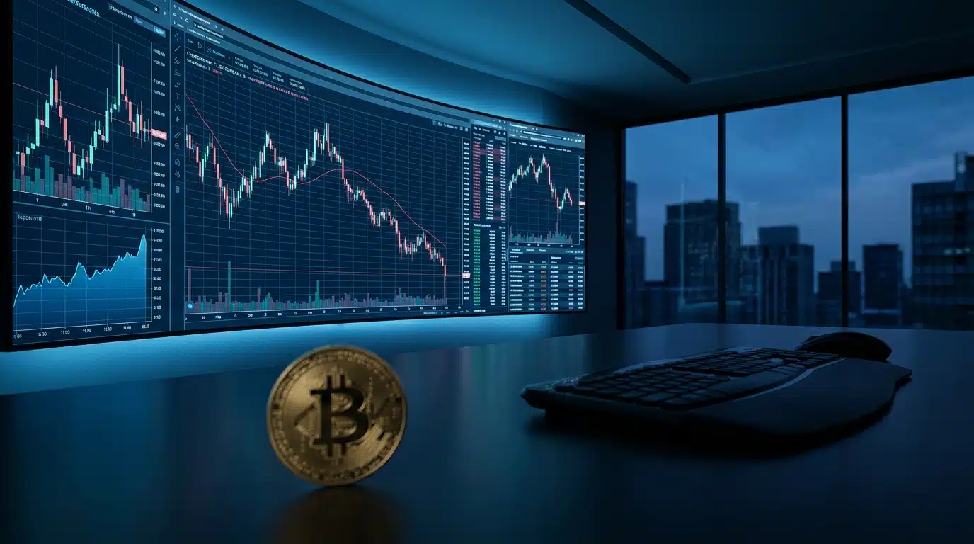 Pièce de bitcoin dorée devant un écran de trading