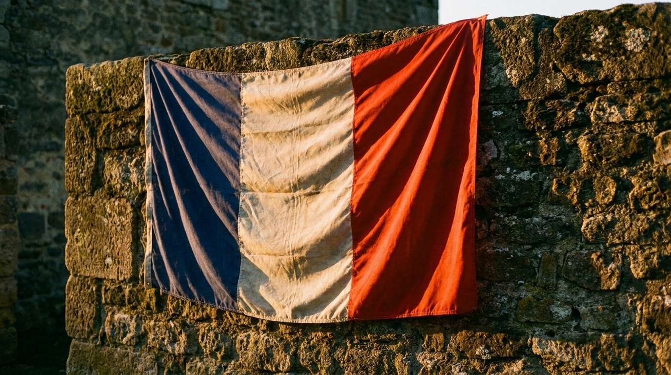 Drapeau français sur un mur, symbole de la France et du débat politique