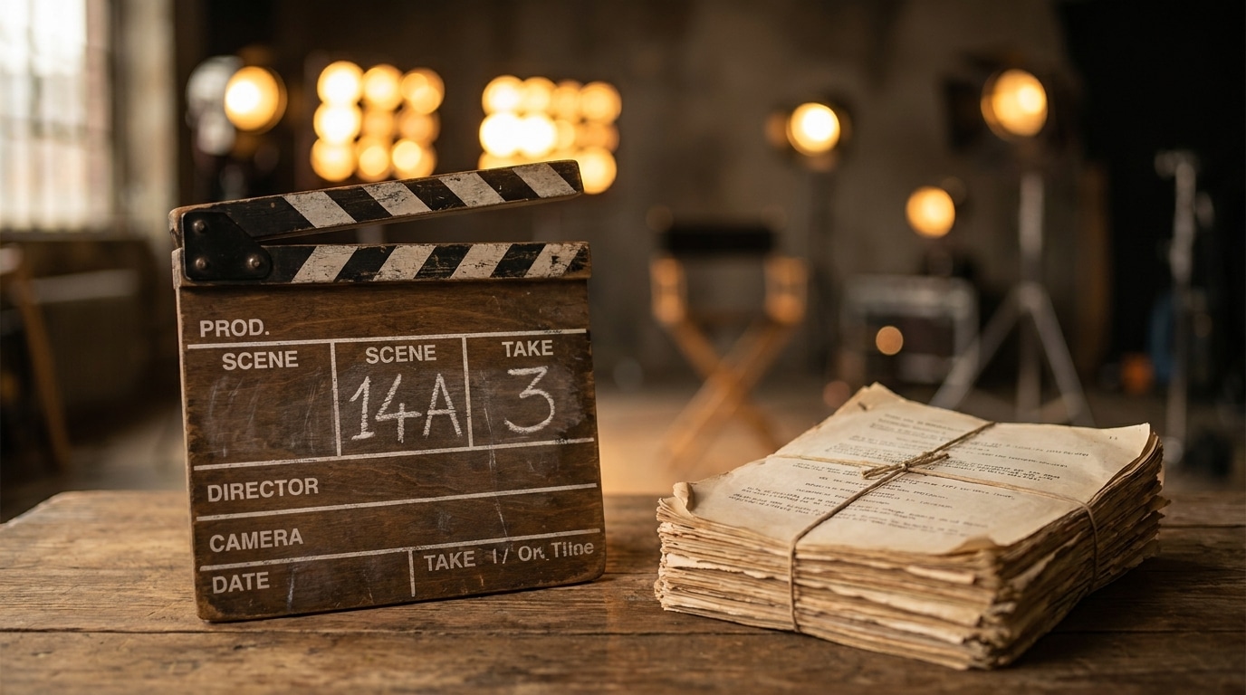 Clap de cinéma vintage posé sur une table en bois