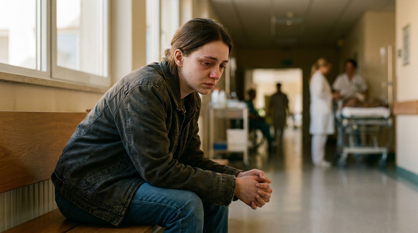 Jeune femme effondrée assise seule dans un couloir d'hôpital
