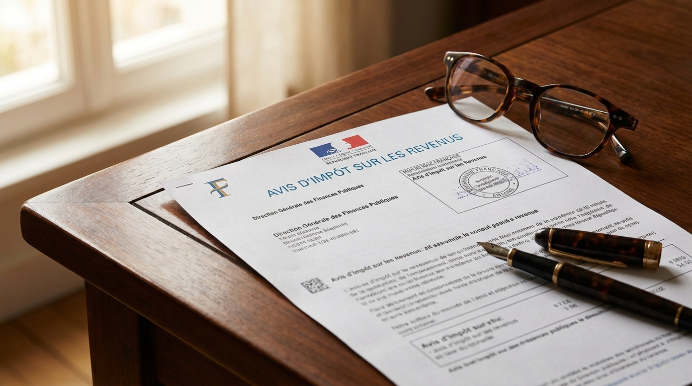 Avis d'imposition posé sur un bureau en bois avec lunettes