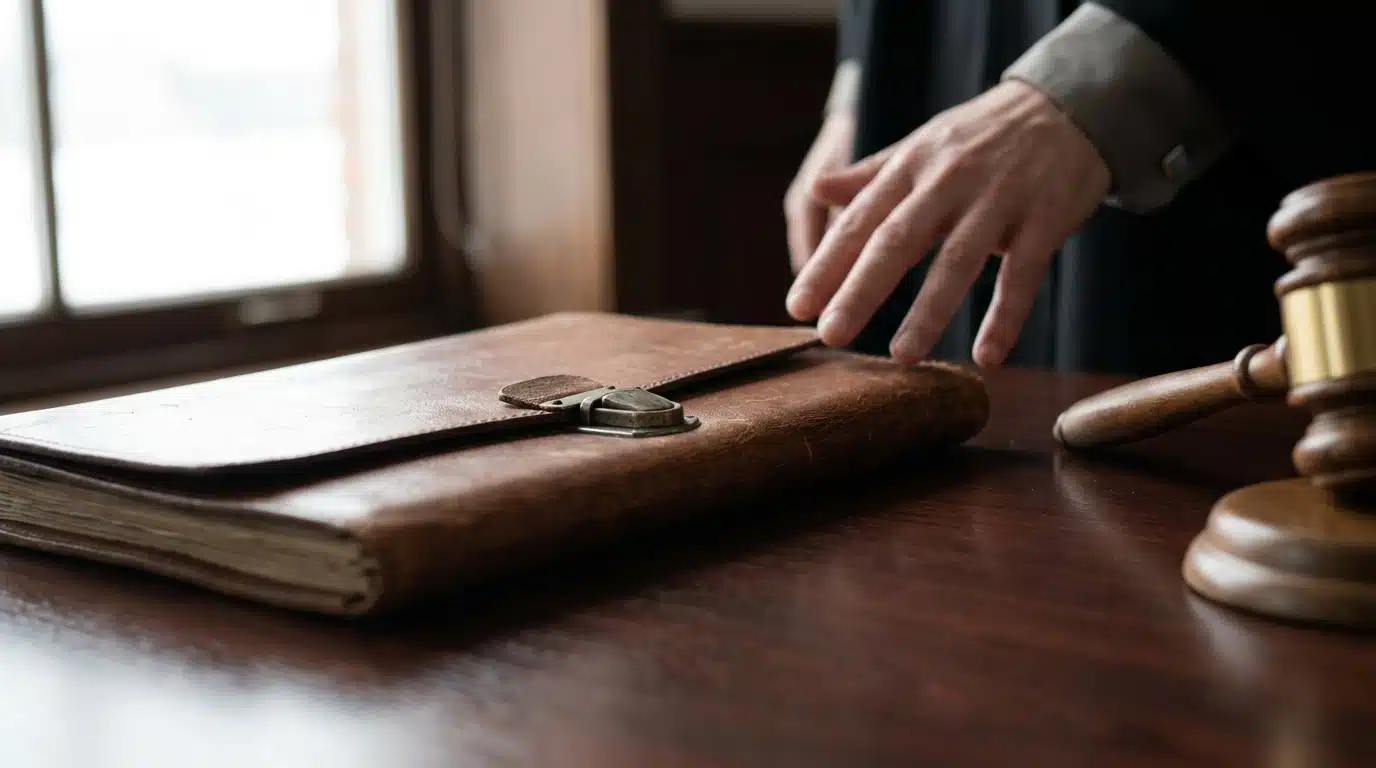 Dossier judiciaire fermé sur un bureau avec un marteau de juge