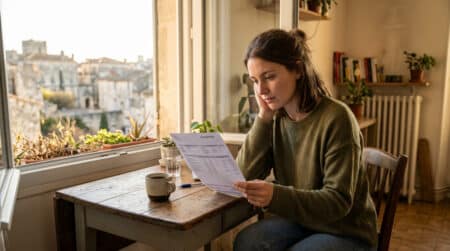 Jeune femme consultant sa fiche de paie dans sa cuisine