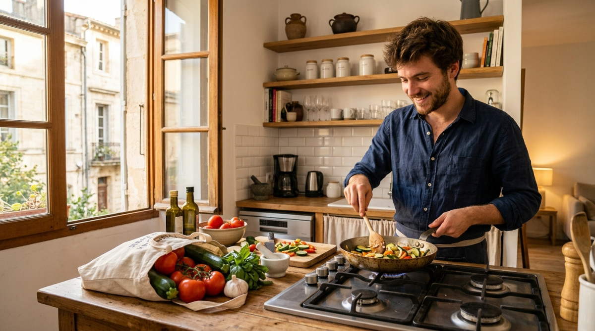 Jeune homme cuisinant dans son appartement à Montpellier