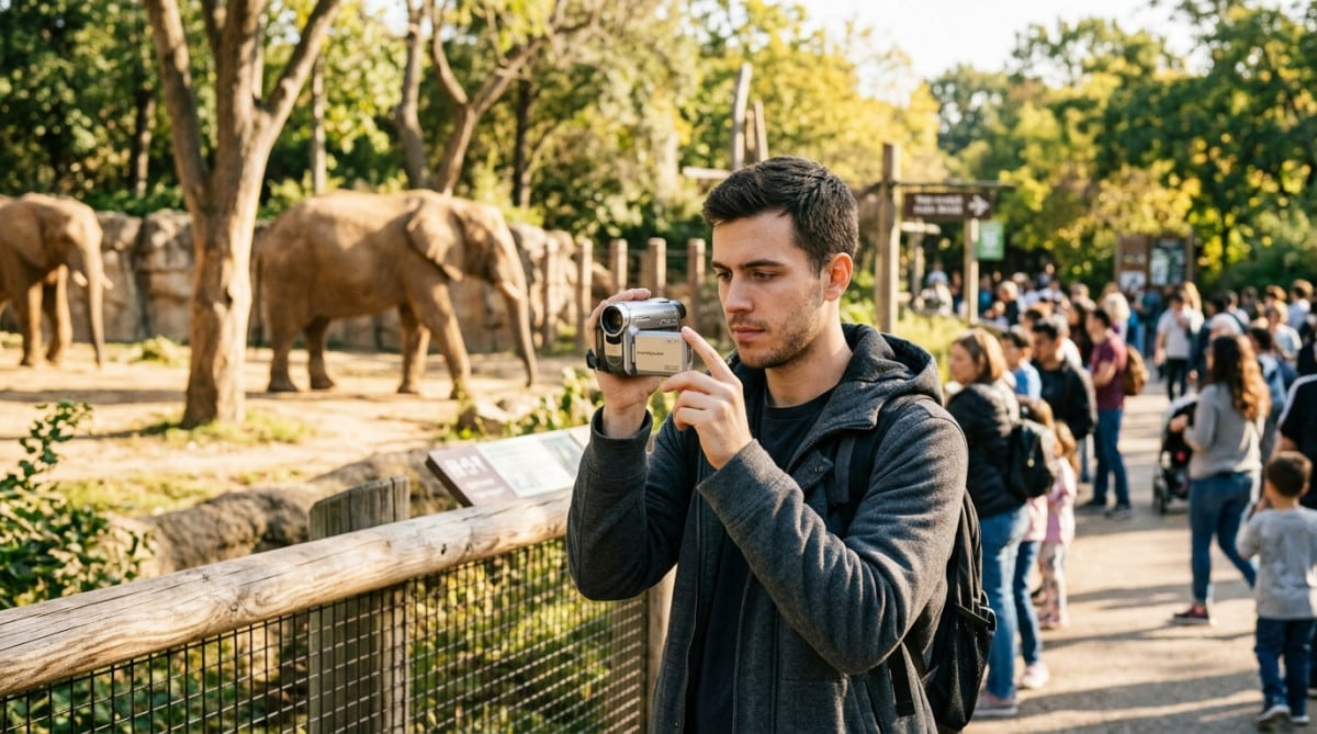 Jeune homme filmant des éléphants au zoo de San Diego