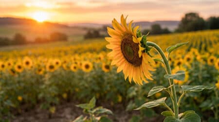 Jeune tournesol tourné vers le soleil levant dans un champ