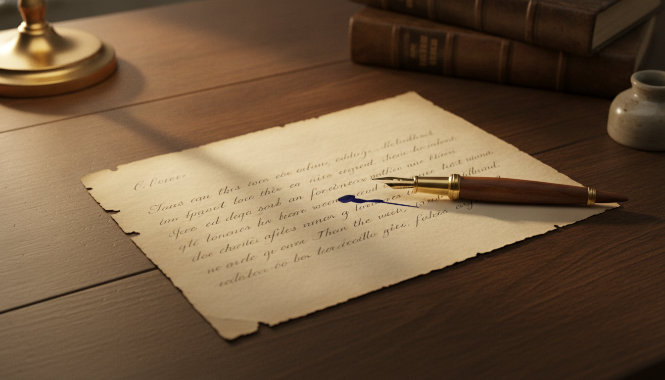 Lettre manuscrite posée sur une table en bois sous une lumière douce