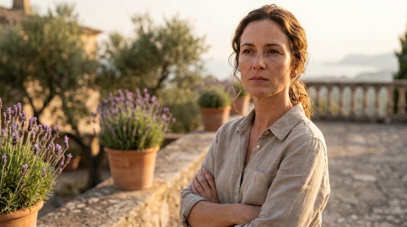 Femme songeuse sur une terrasse ensoleillée en été