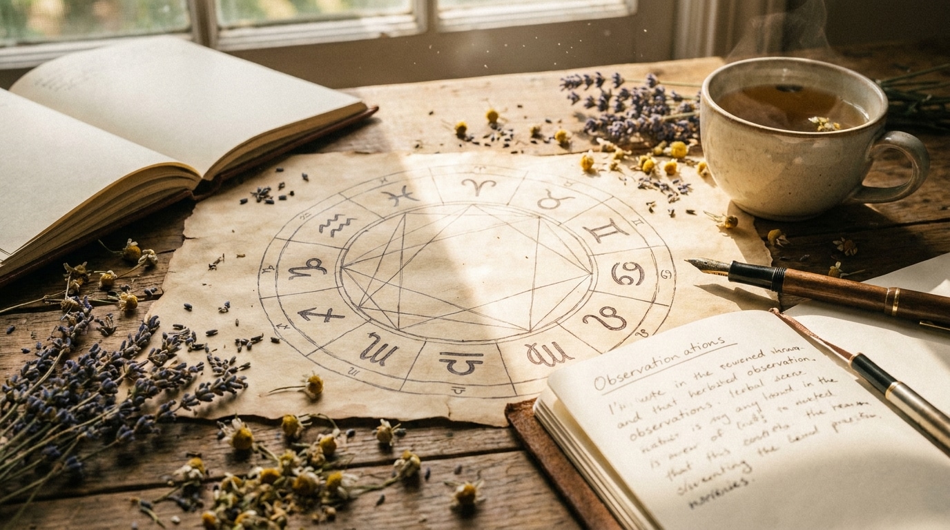Carte astrologique vintage posée sur une table en bois