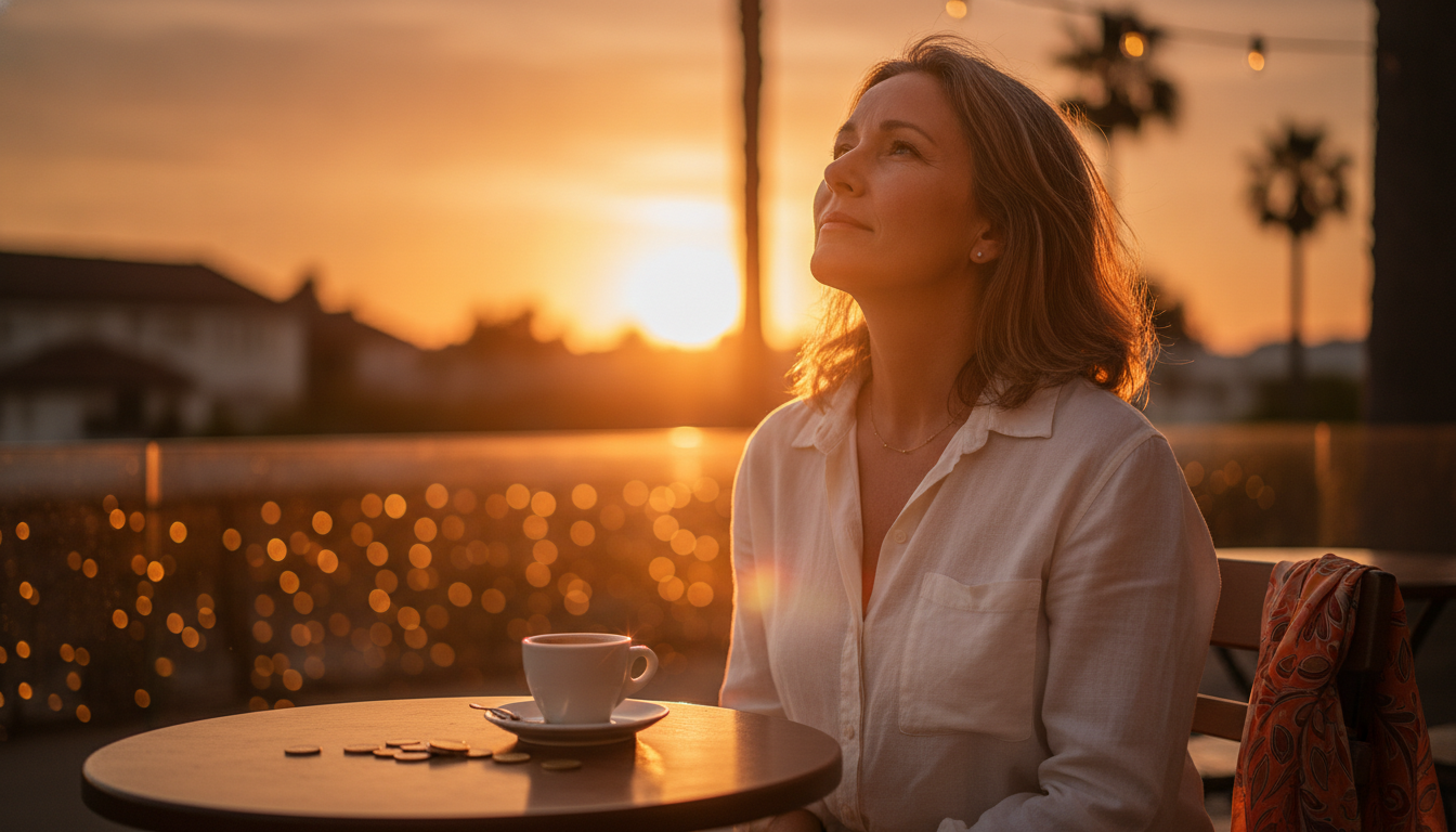 Femme pensive à une terrasse baignée de lumière dorée