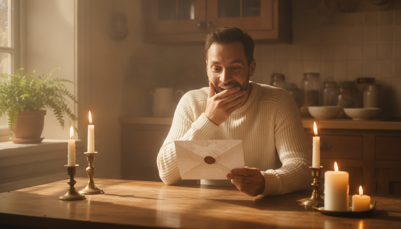 Homme surpris ouvrant une lettre dans une cuisine chaleureuse