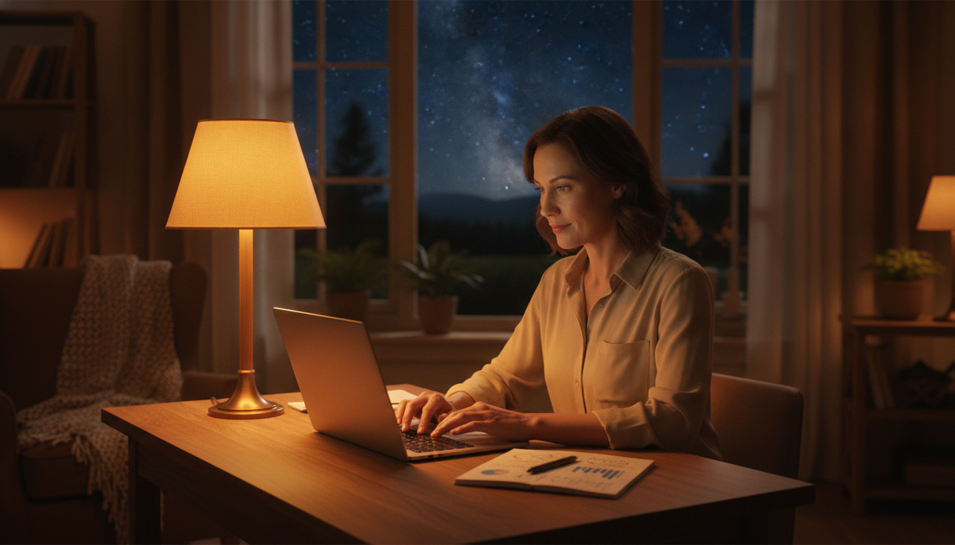 Femme travaillant à son bureau sous une lumière dorée