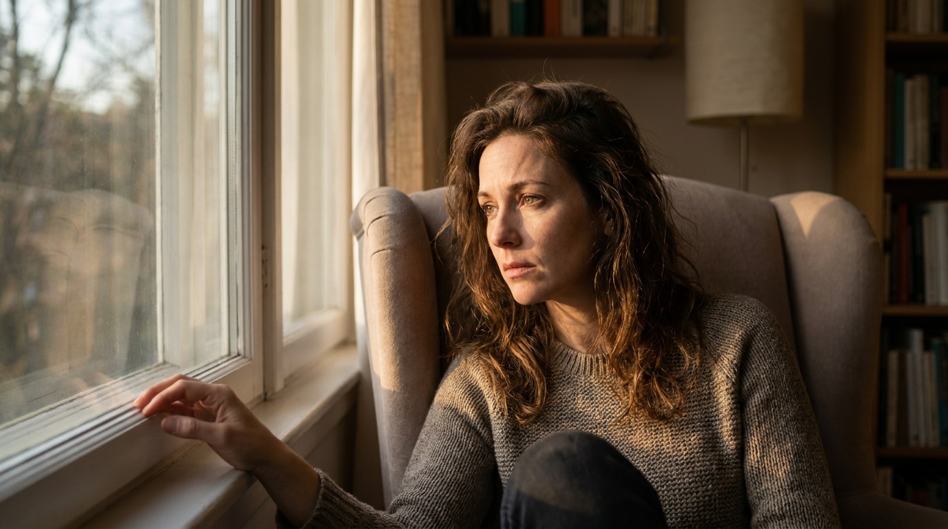 Femme pensive devant une fenêtre au crépuscule