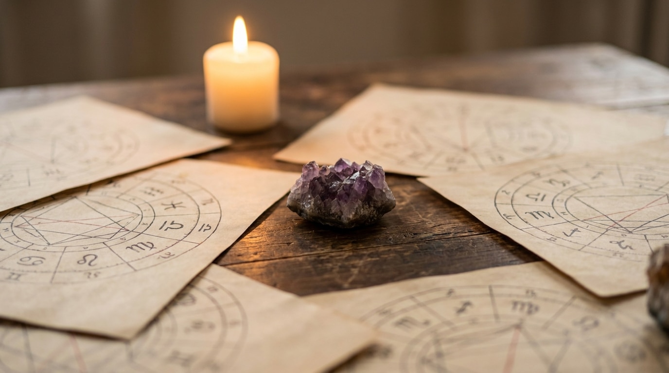 Cristal d'améthyste posé sur une table avec cartes astrologiques