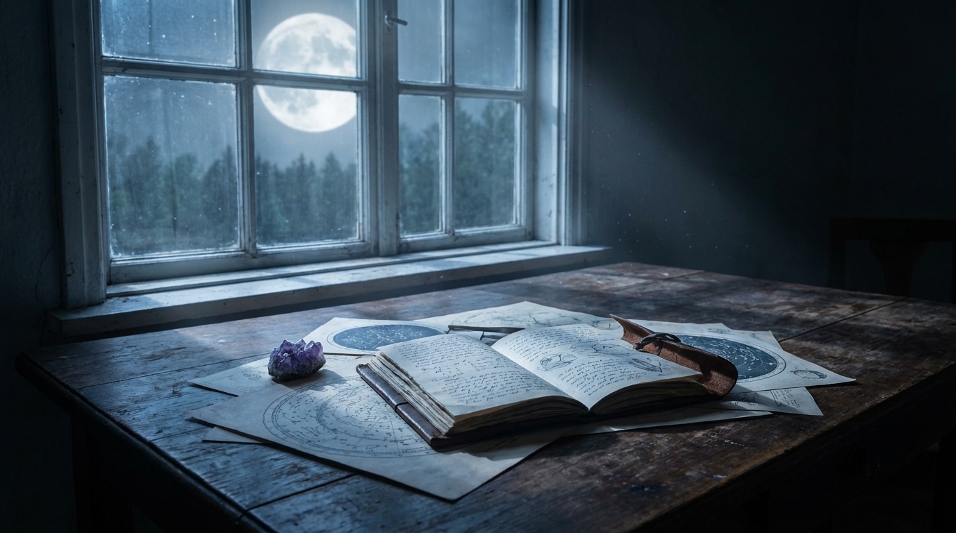 Journal ouvert et cartes célestes sous la lumière de la pleine lune