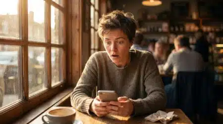Personne surprise lisant un message sur son téléphone dans un café ensoleillé