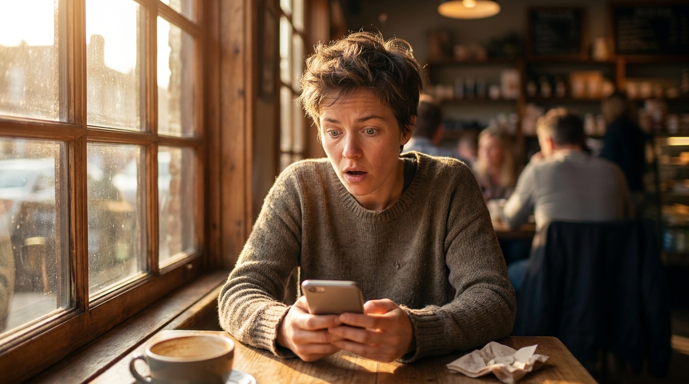 Personne surprise lisant un message sur son téléphone dans un café ensoleillé