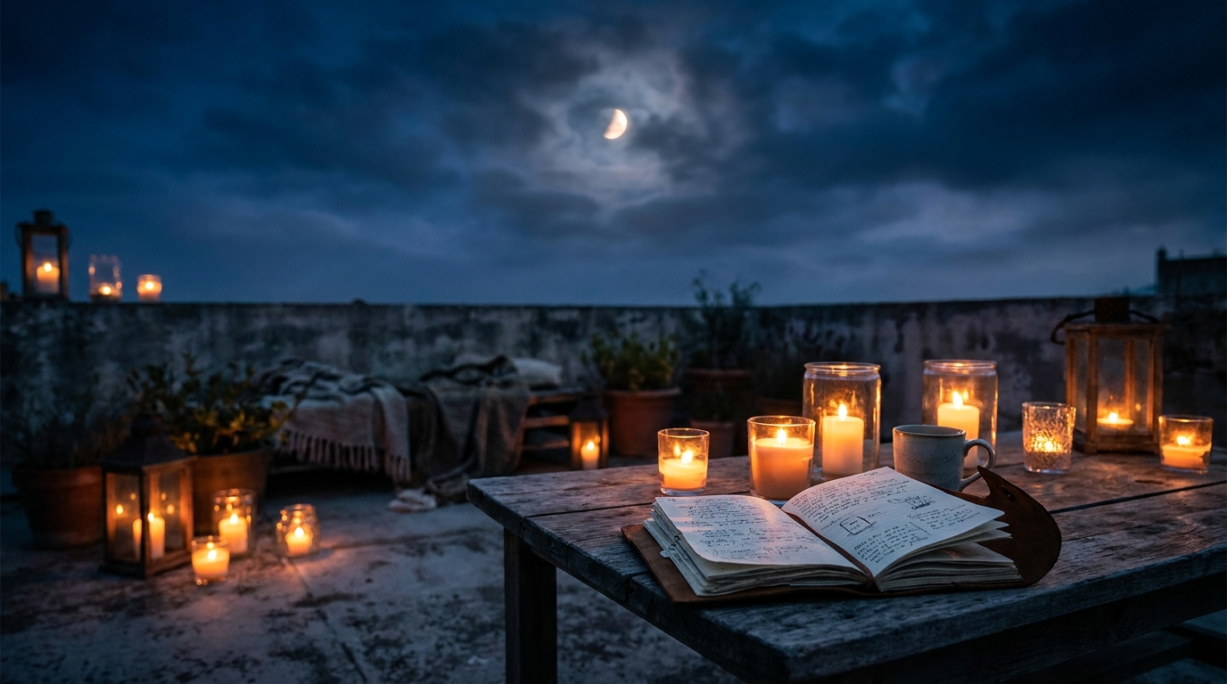 Ciel nocturne avec croissant de lune vu depuis une terrasse aux bougies