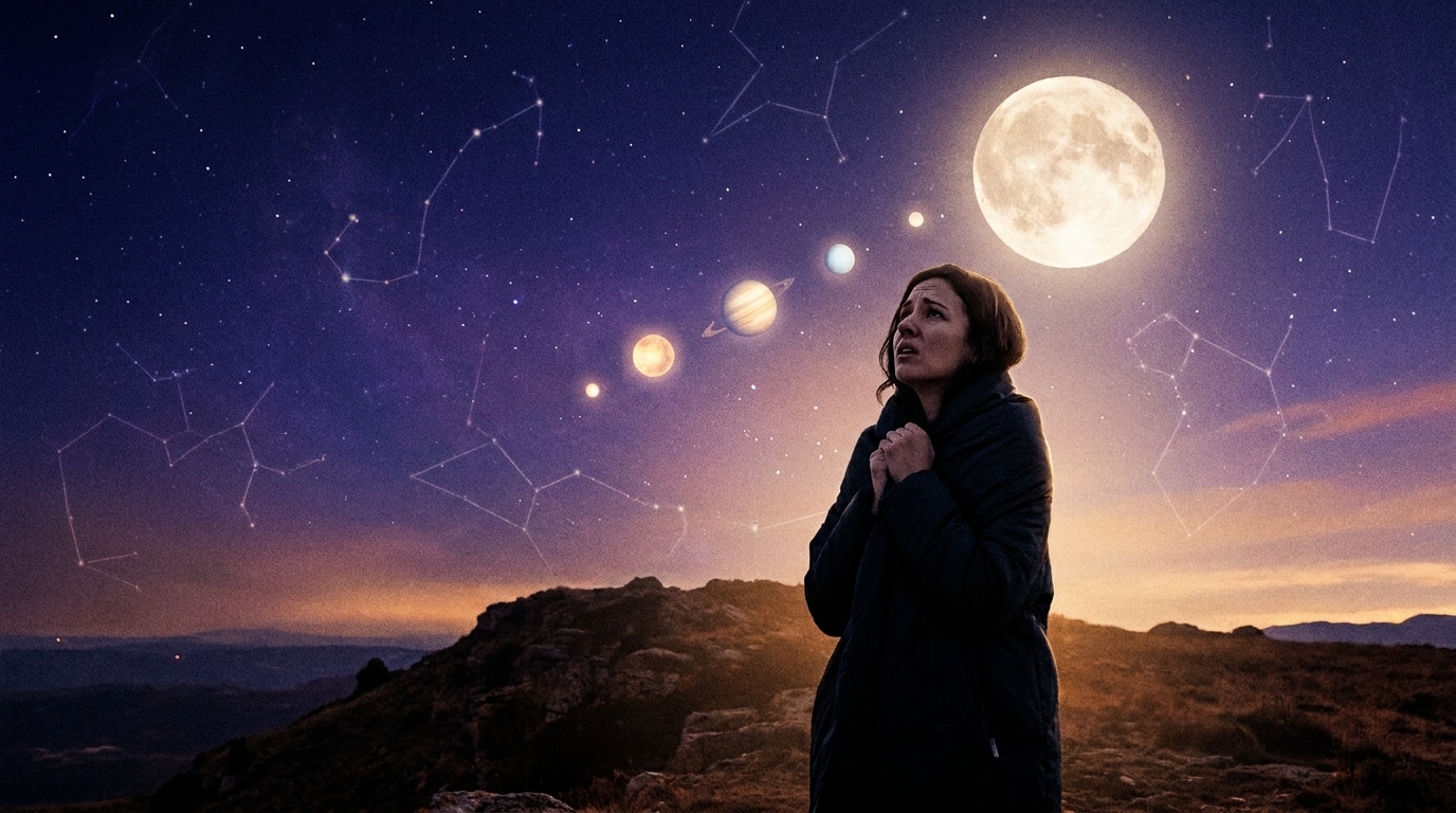 Ciel étoilé avec pleine lune et silhouette contemplative