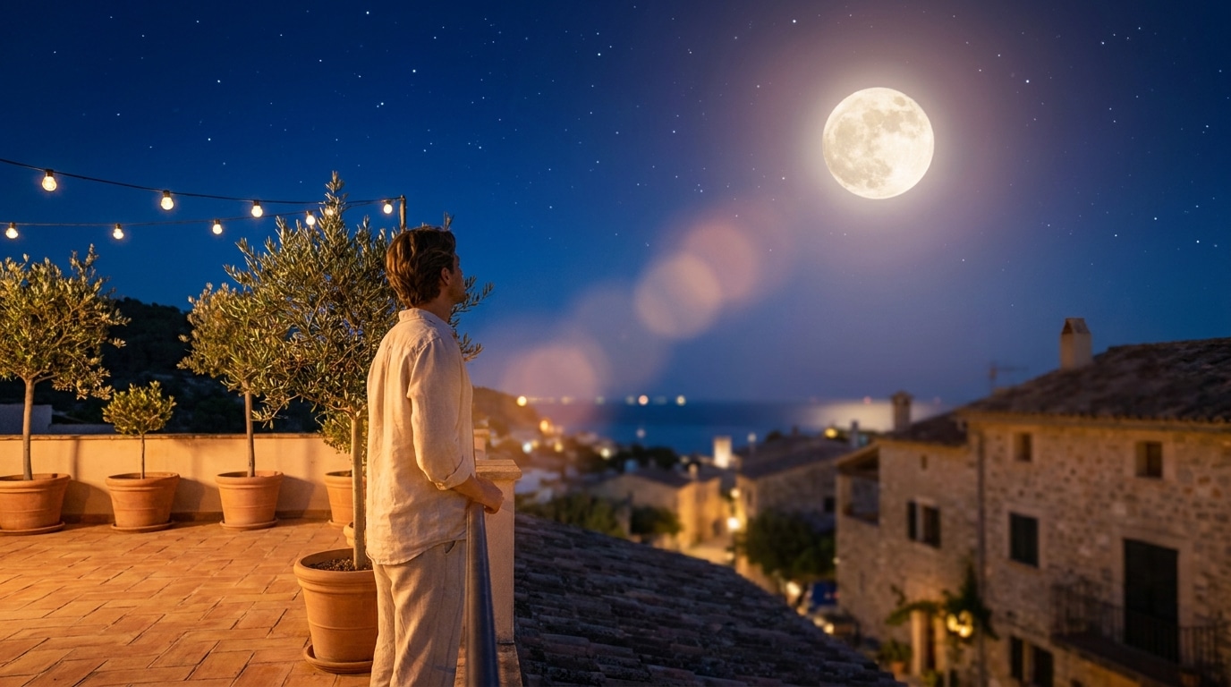 Ciel étoilé avec pleine lune vue depuis une terrasse estivale