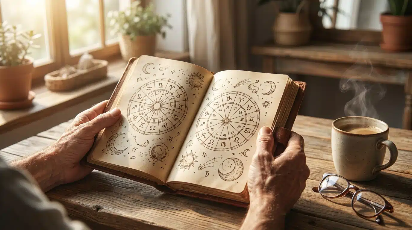 Mains feuilletant un carnet avec des croquis astrologiques