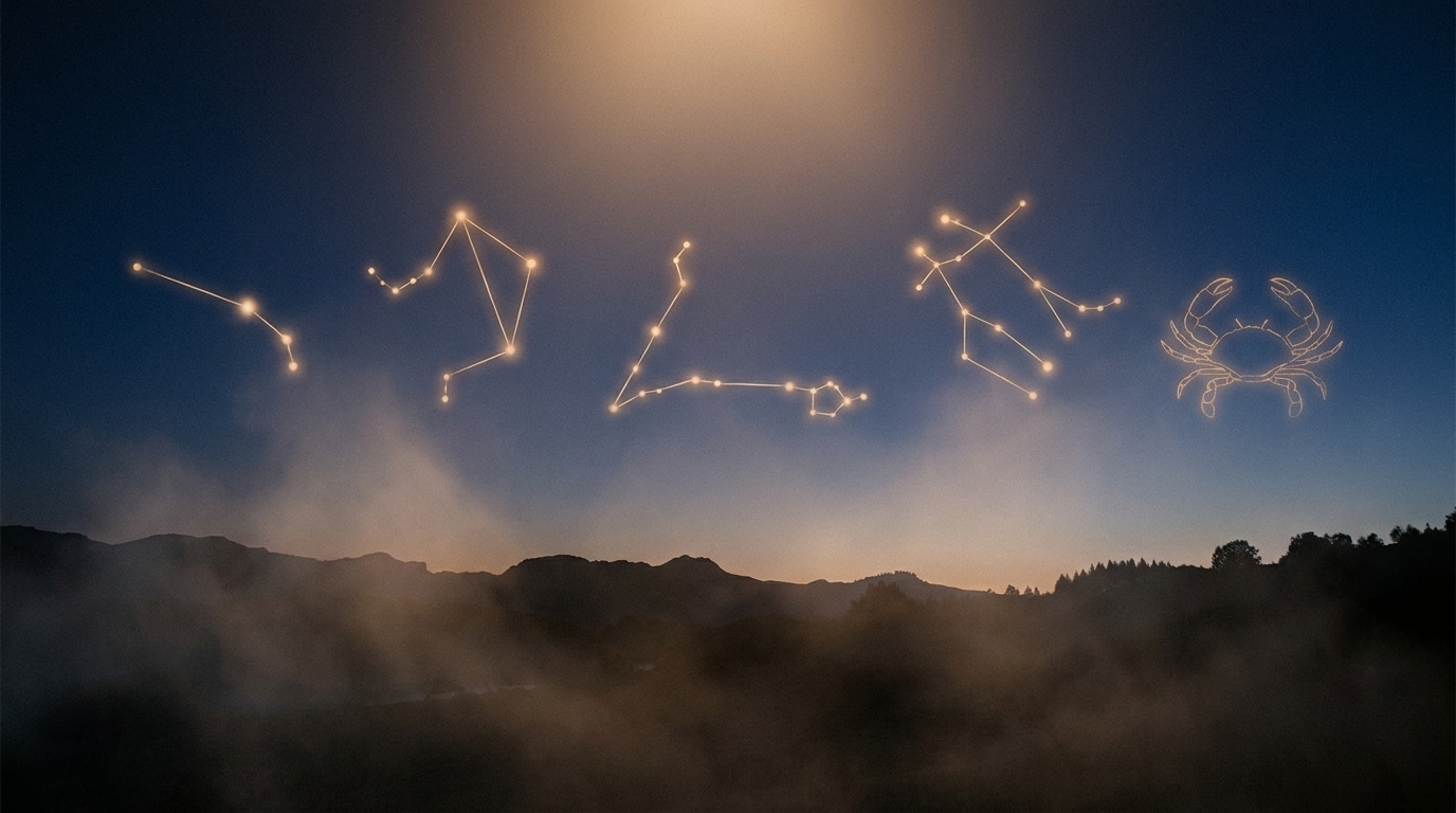 Ciel étoilé avec cinq symboles du zodiaque dorés
