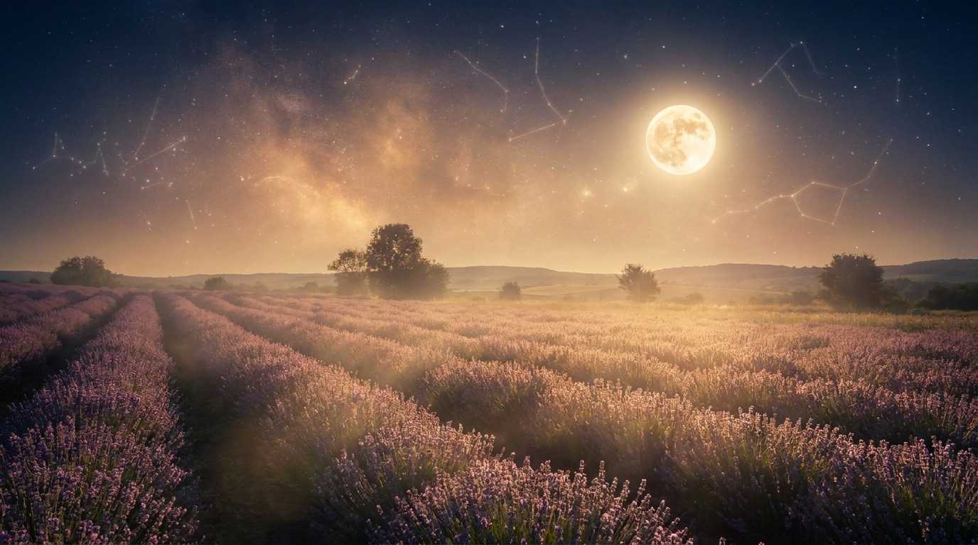 Pleine lune au-dessus d'un champ de lavande en été