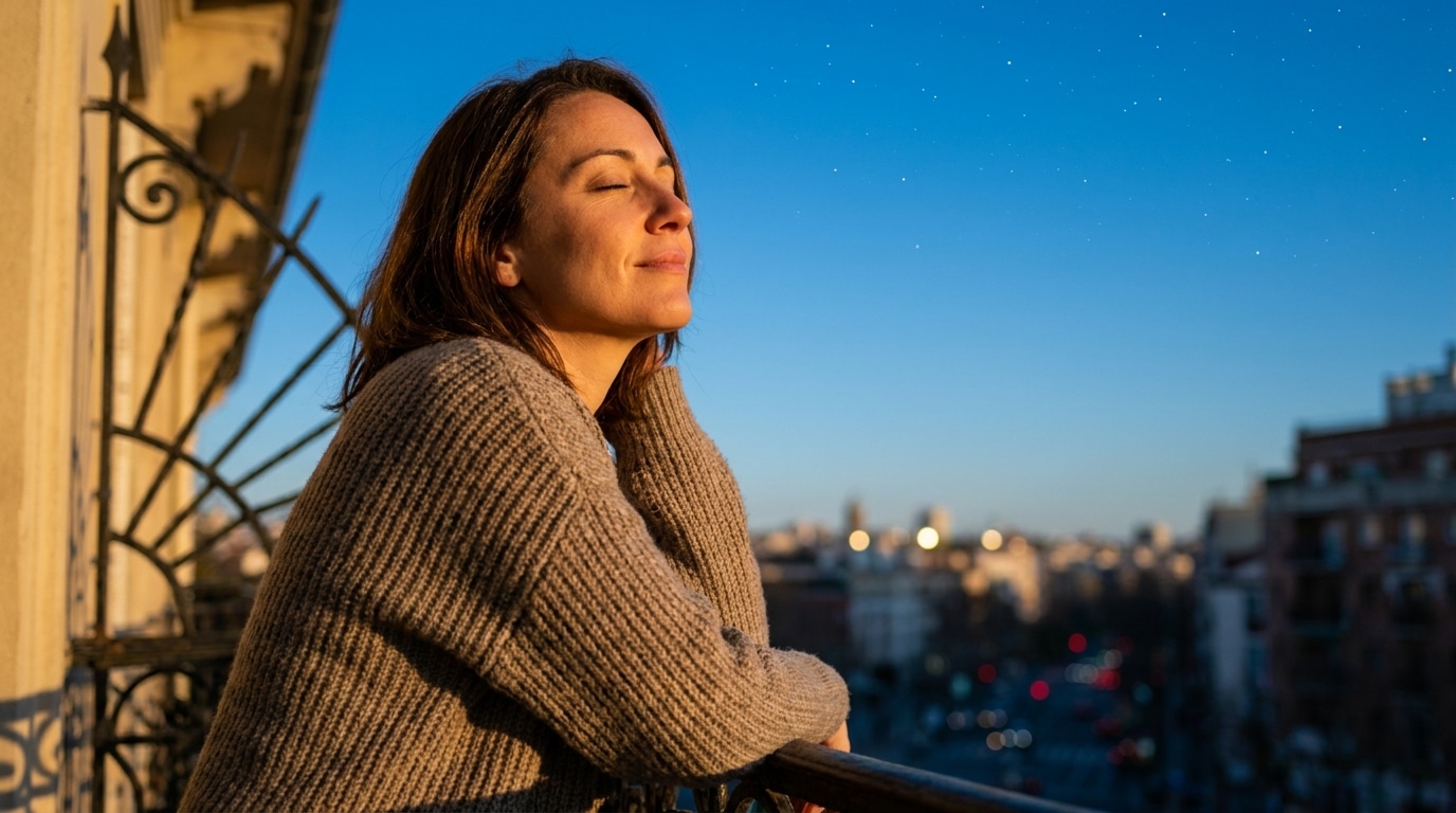 Femme sereine sur un balcon au coucher du soleil