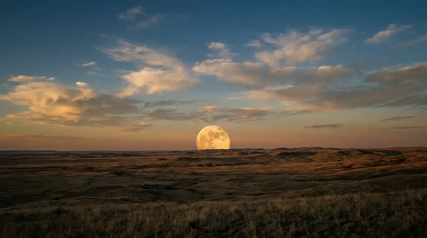 Pleine lune éclatante au-dessus d'un paysage ouvert