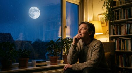 Personne contemplant la pleine lune près d'une fenêtre la nuit