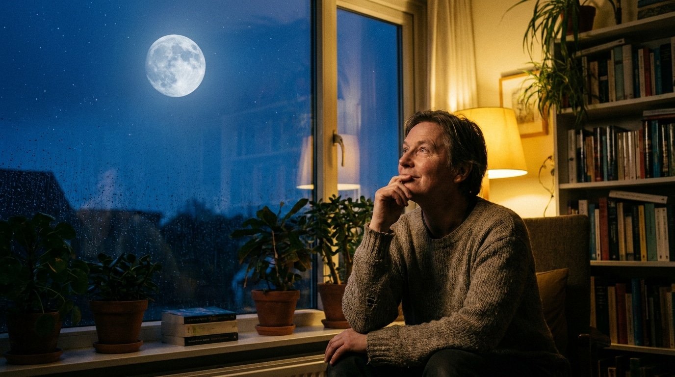 Personne contemplant la pleine lune près d'une fenêtre la nuit