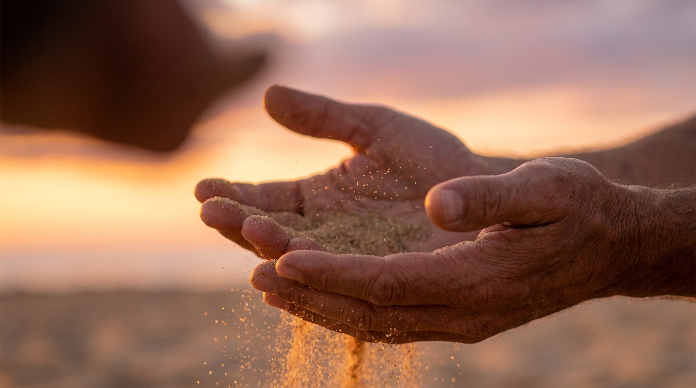 Mains libérant du sable doré au coucher du soleil