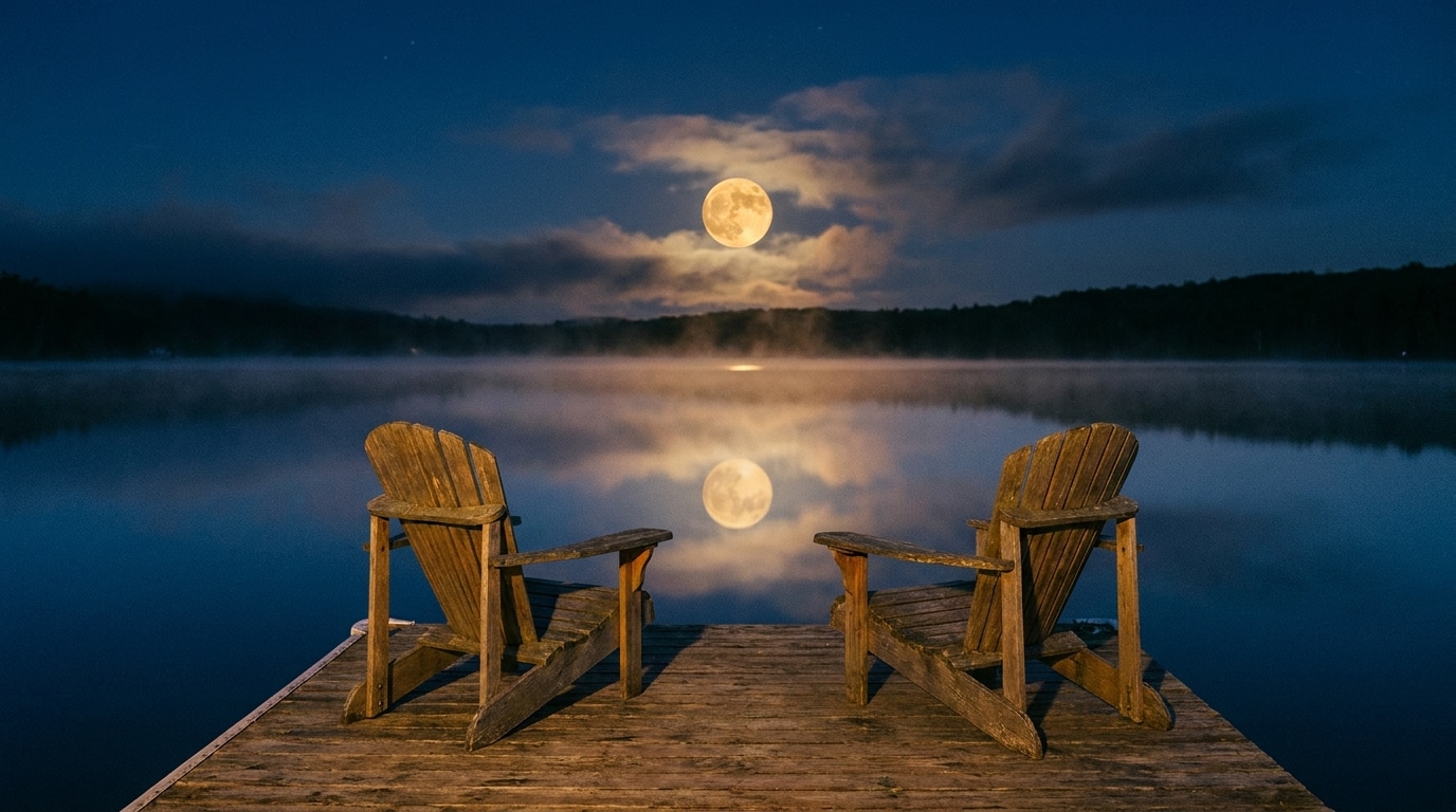 Pleine lune reflétée sur un lac avec deux chaises vides
