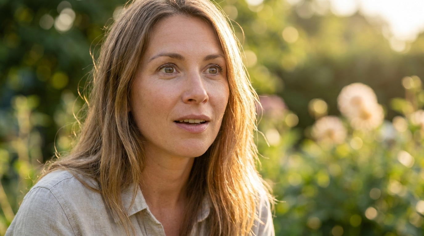 Femme au regard surpris et émerveillé en soirée d'été