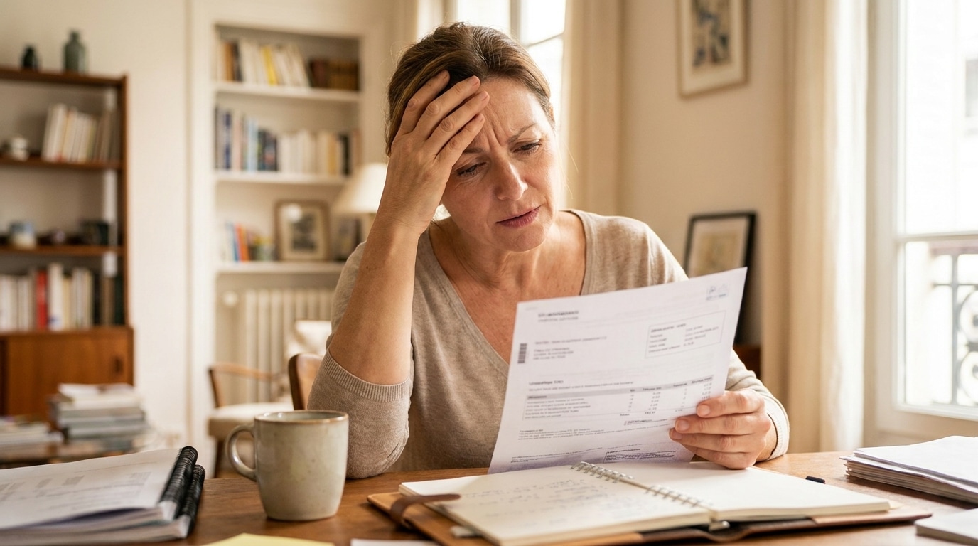 Femme inquiète découvrant une facture de gaz