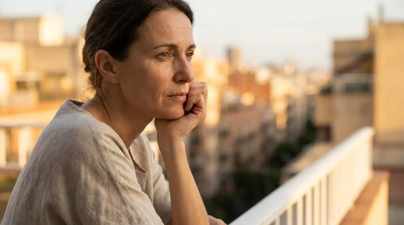 Femme pensive seule sur un balcon au coucher du soleil