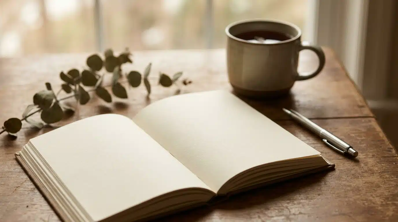 Journal ouvert sur une table avec tasse de thé et eucalyptus