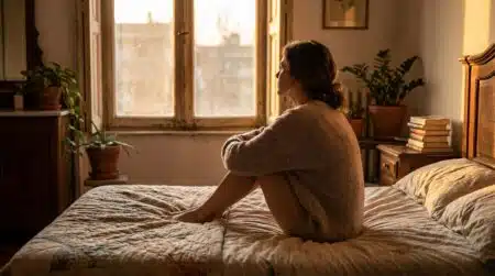 Femme pensive assise sur un lit au coucher du soleil