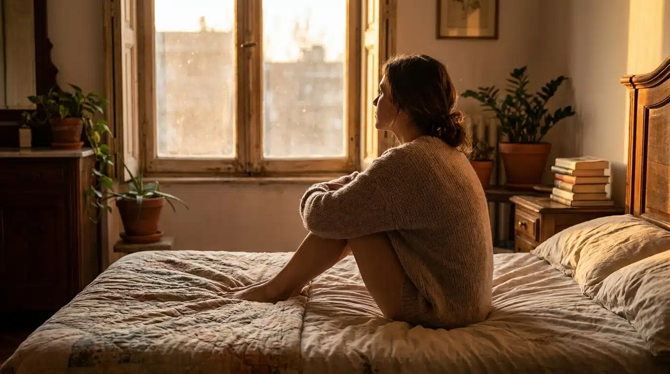 Femme pensive assise sur un lit au coucher du soleil