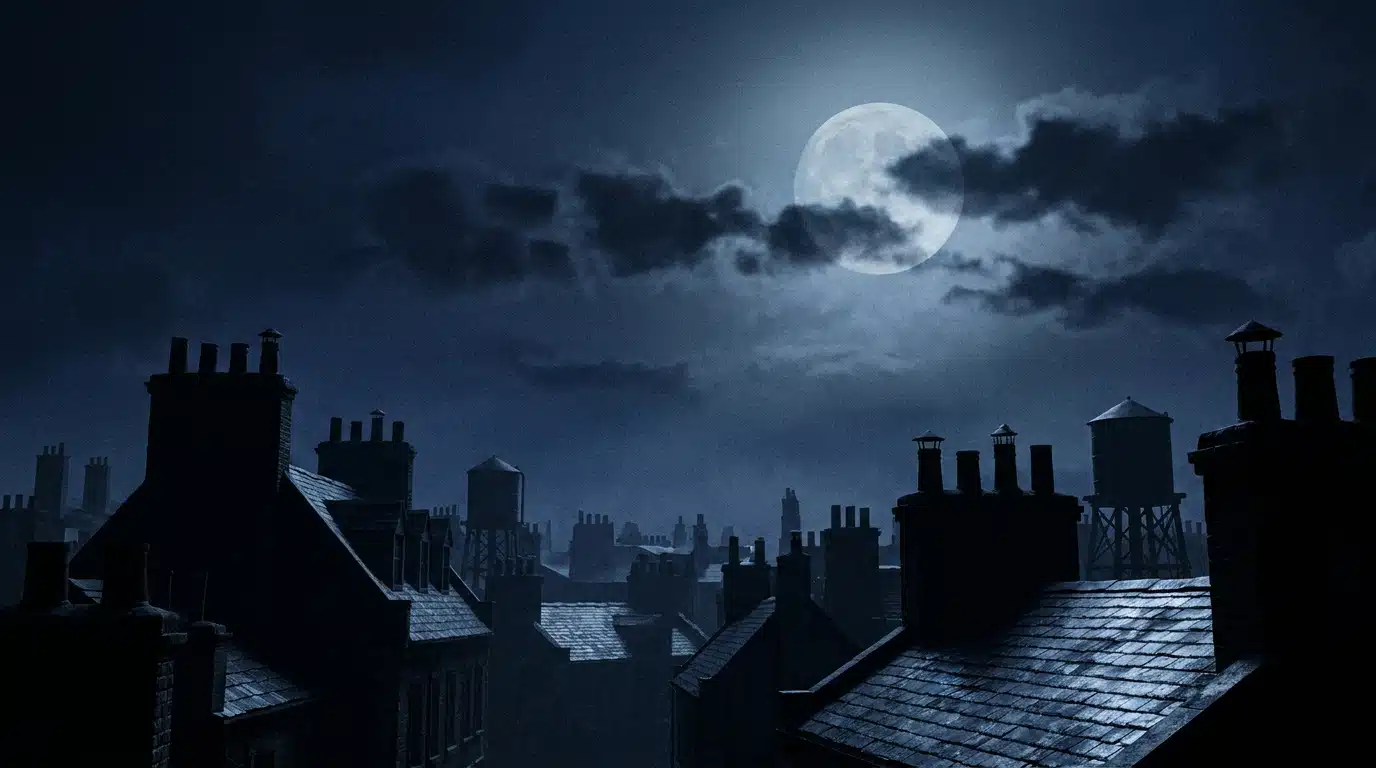 Pleine lune au-dessus des toits dans un ciel nuageux