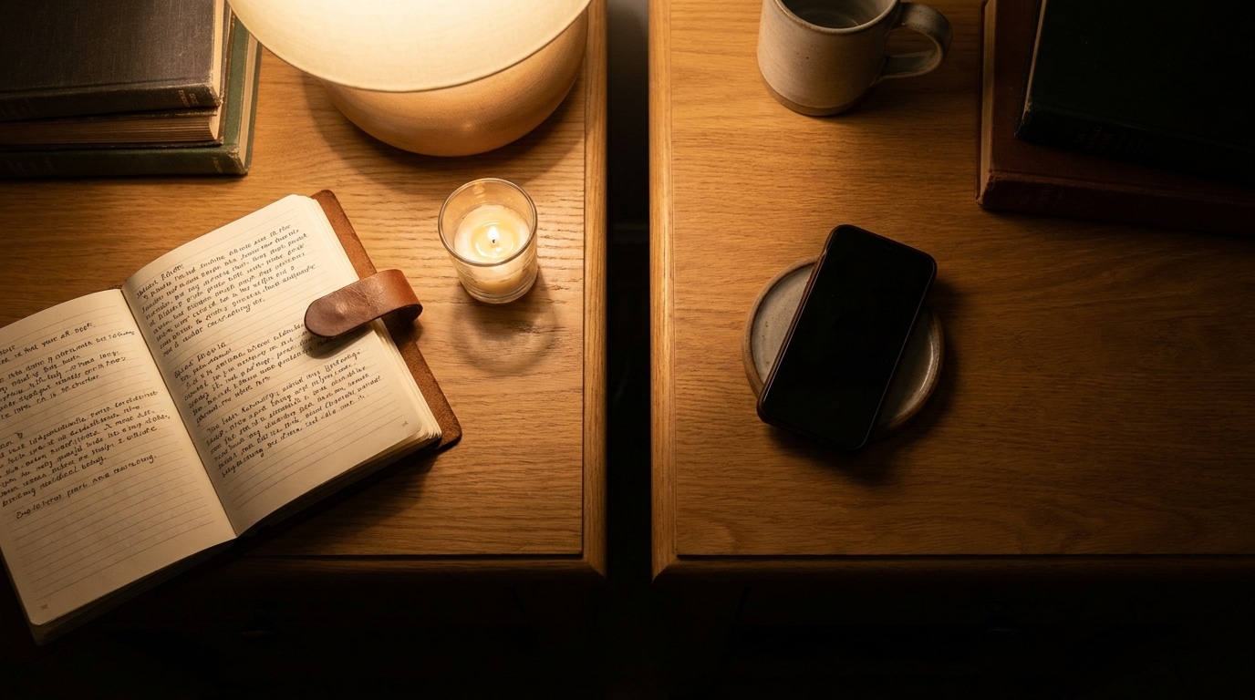 Table de nuit avec bougie allumée et téléphone retourné