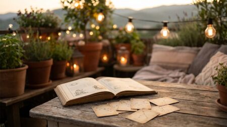 Livre d'astrologie ouvert sur une terrasse d'été au coucher du soleil