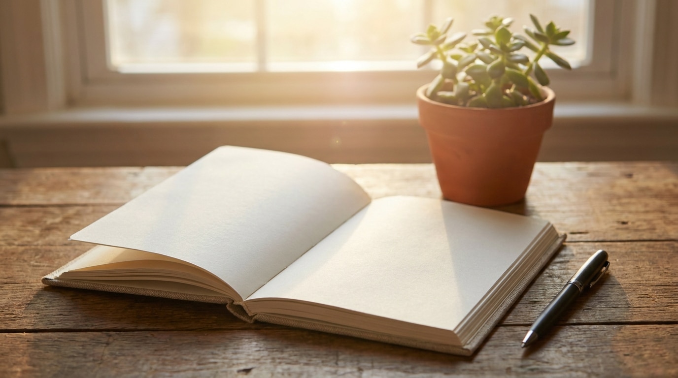 Carnet ouvert sur un bureau ensoleillé avec un stylo et une plante