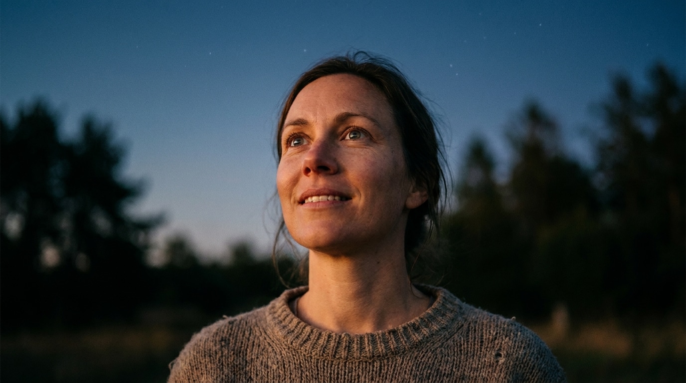 Visage de femme levé vers un ciel crépusculaire étoilé