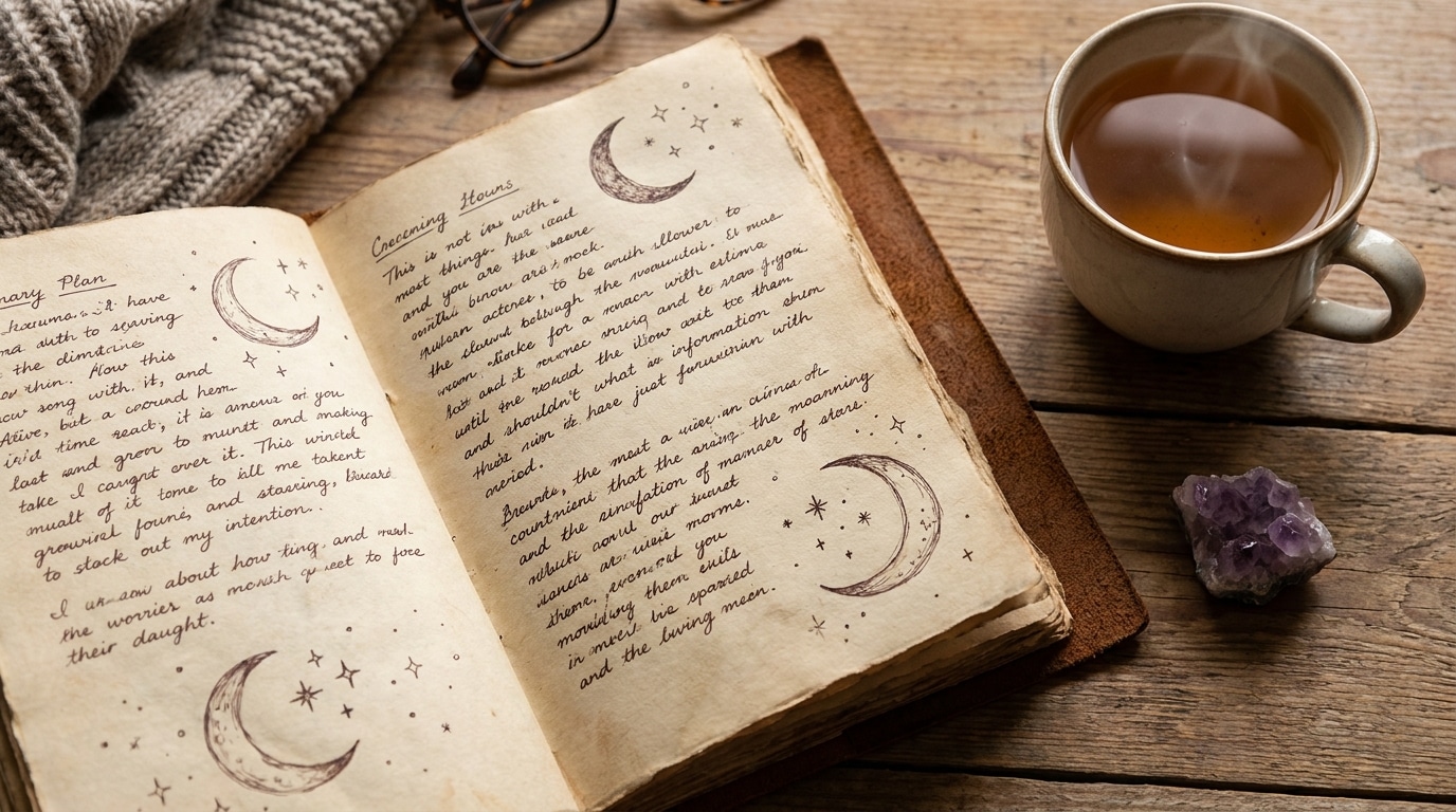 Carnet ouvert avec notes manuscrites et symboles lunaires