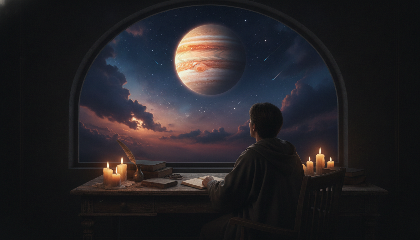 Personne contemplant Jupiter dans un ciel étoilé mystique