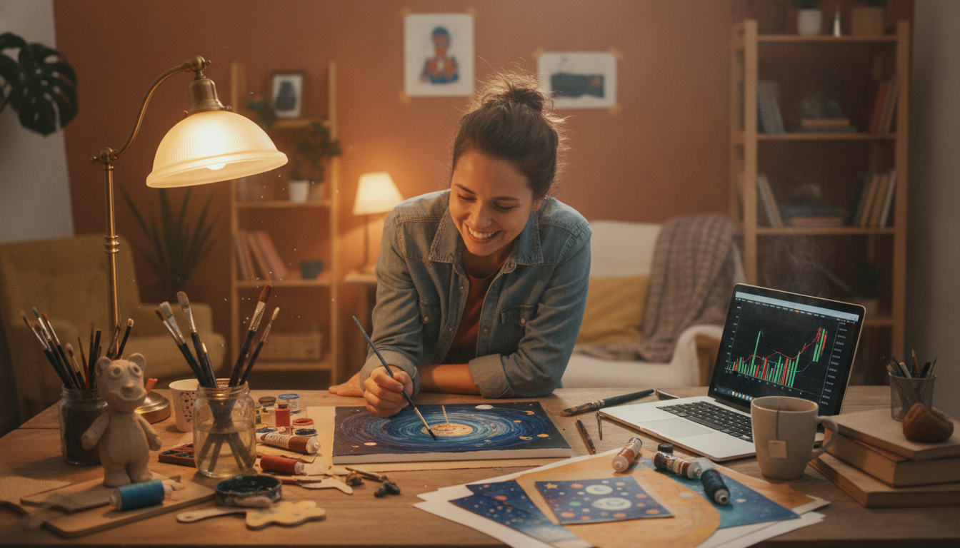 Personne travaillant sur un projet créatif dans une ambiance chaleureuse