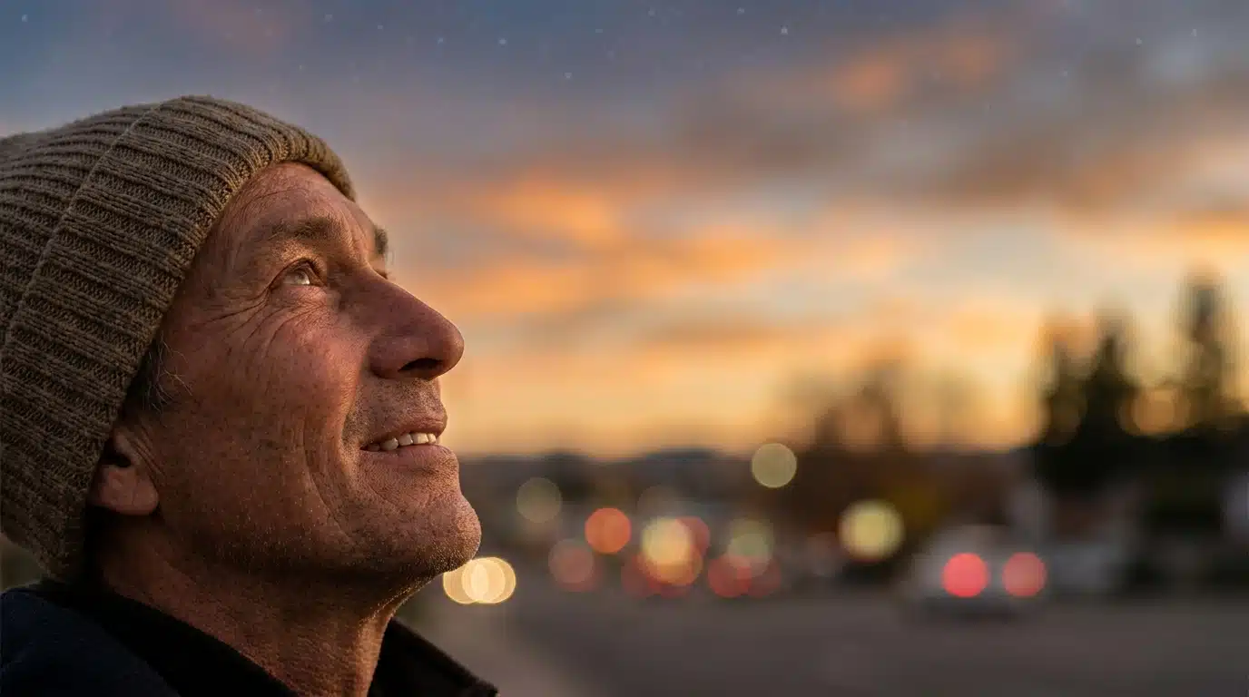 Visage levé vers un ciel crépusculaire doré et étoilé